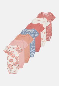 Set aus sechs Babybodys mit verschiedenen Farben und Mustern, darunter floral, gestreift und einfarbig. Weiches Baumwollmaterial, kurze Ärmel.