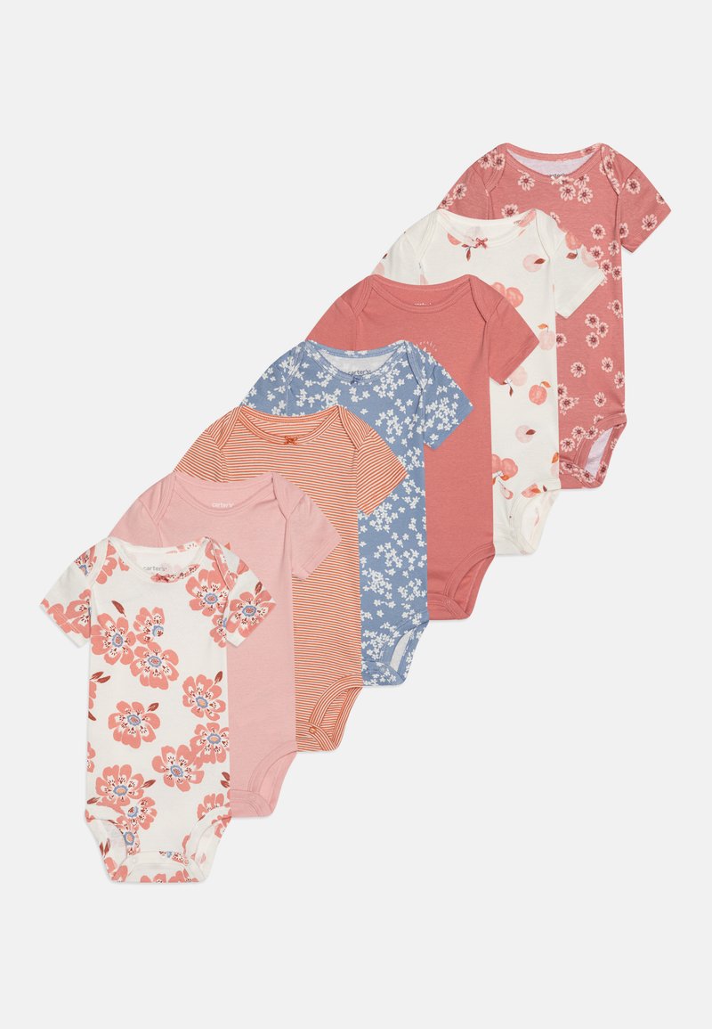 Súprava šiestich detských body v rôznych farbách a vzoroch, vrátane kvetinových, prúžkovaných a jednofarebných dizajnov. Vyrobené z mäkkej bavlny, s krátkym rukávom.