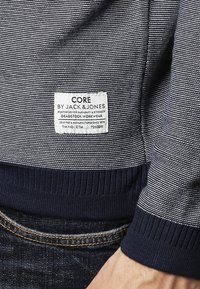 Marineblauw en witte gestreepte trui met een geribbelde zoom, gelabeld "CORE BY JACK & JONES," met een versterkt ontwerp voor duurzaamheid.