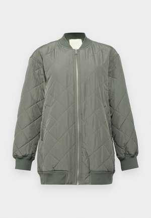 Quilted bomber jacket in olive green, featuring a zip front, ribbed cuffs and hem, and side pockets. Smooth texture with diamond pattern.