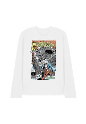Weißes Langarmshirt mit einem Vintage-Comiccoverdruck, der Spider-Man zeigt, wie er gegen eine große, graue, monströse Kreatur kämpft.