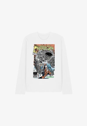 Weißes Langarmshirt mit einem Vintage-Comiccoverdruck, der Spider-Man zeigt, wie er gegen eine große, graue, monströse Kreatur kämpft.