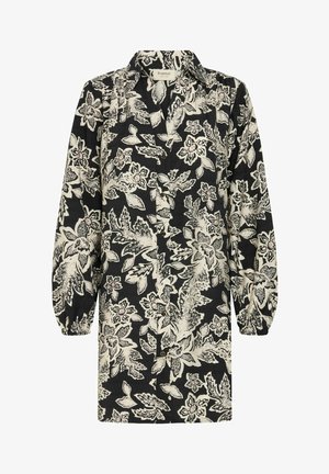 Svart blommig klänning med knäppning framtill, långa puffärmar och ett strukturerat tyg med vita och rosa blommönster.