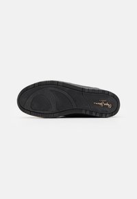 Suela de zapato negra con un patrón de agarre texturizado y el logo "Pepe Jeans London" en dorado cerca del talón, presentado sobre un fondo blanco.