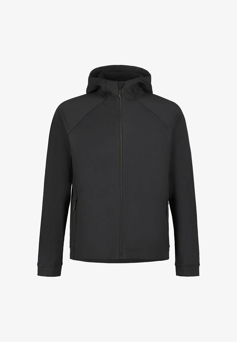 Czarna kurtka z kapturem, zapinana na zamek z przodu, z bocznymi kieszeniami i gładką tkaniną. Posiada rękawy typu raglan oraz elastyczne mankiety dla komfortu.