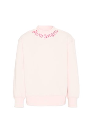 Jasnoróżowa bluza z okrągłym dekoltem i długimi rękawami, z różowym napisem „Palm Angels” w gotyckiej czcionce wokół linii szyi.
