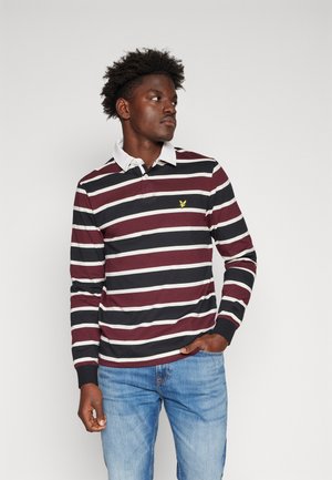 Long-sleeve polo shirt with burgundy, black, and white stripes, featuring a white collar, three buttons, and a small yellow logo on the chest.
