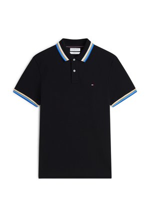 Black polo shirt with blue, white, and yellow striped collar and sleeve edges, two-button placket, and small logo on the chest.