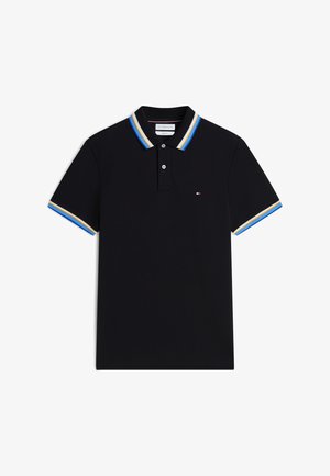 Black polo shirt with blue, white, and yellow striped collar and sleeve edges, two-button placket, and small logo on the chest.