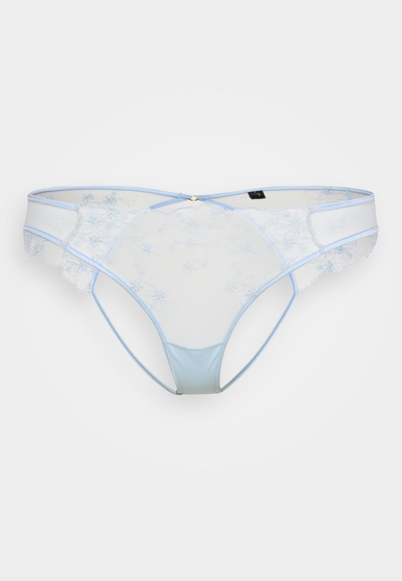 Gaiši zils mežģīņu stringi ar ziedu izšuvumiem, caurspīdīgām acu paneļiem un izceltiem siksnu dizainiem. Ir zelta toni detaļas.