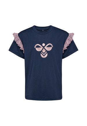 Marineblå kortærmet skjorte med pink flæse-accenter på skuldrene og en stiliseret pink bi grafik centreret på brystet.