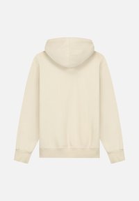 Crème-kleurige hoodie met een kangoeroezak. Voorzien van een trekkoord kap en ribgebreide manchetten en onderrand van zacht materiaal. Geen zichtbare branding.