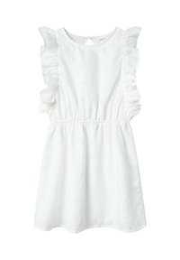 Robe blanche avec des manches volantées, taille élastique et détails en dentelle. Présente un col rond et une fermeture à boutons à l'arrière.