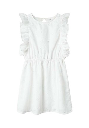 Robe blanche avec des manches volantées, taille élastique et détails en dentelle. Présente un col rond et une fermeture à boutons à l'arrière.