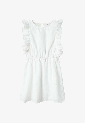 Robe blanche avec des manches volantées, taille élastique et détails en dentelle. Présente un col rond et une fermeture à boutons à l'arrière.