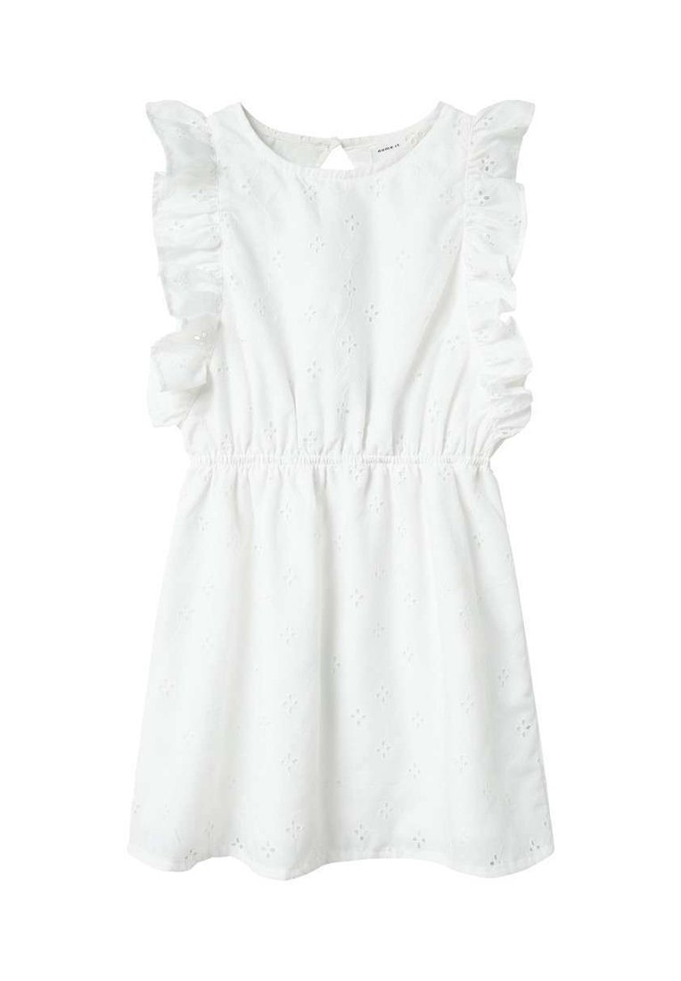 Robe blanche avec des manches volantées, taille élastique et détails en dentelle. Présente un col rond et une fermeture à boutons à l'arrière.