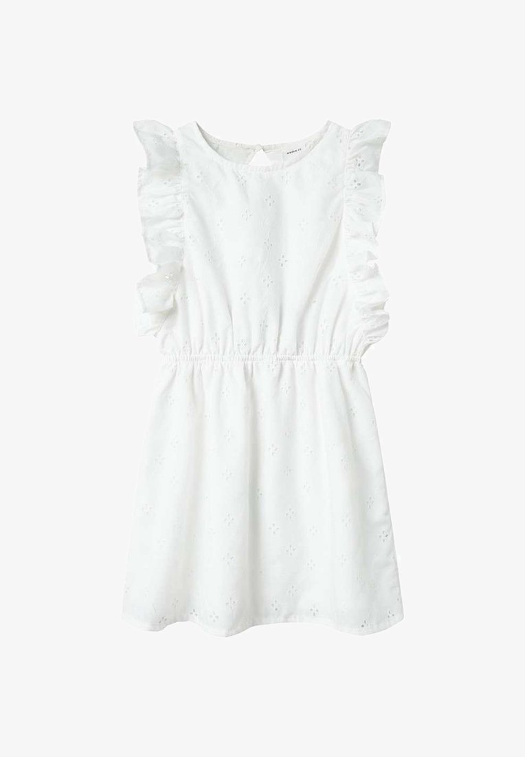 Robe blanche avec des manches volantées, taille élastique et détails en dentelle. Présente un col rond et une fermeture à boutons à l'arrière.