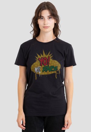 Black cotton t-shirt featuring a graphic print with bold text "YO!" and "RAPS" on a yellow background, with drips and MTV logo detail.