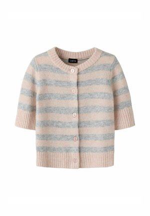 Cárdigan de manga corta con rayas horizontales rosas y grises, escote redondo, puños y bajo acanalados, y botones delanteros.