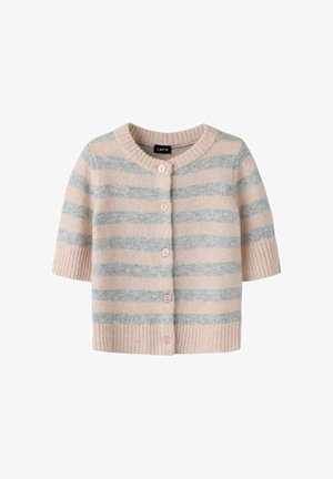 Cardigan s kratkim rukavima ružičaste i sive vodoravne pruge, okrugli izrez, rebrasti rubovi na rukavima i rubu te gumbi sprijeda.