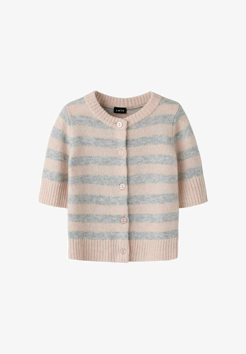 Cardigan à manches courtes avec rayures horizontales roses et grises, encolure ronde, poignets et ourlet côtelés, et boutons à l'avant.