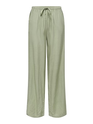 Lichtgroene broek met wijde pijpen, elastische tailleband en koordje aan de voorkant, gemaakt van zachte, licht gestructureerde stof.
