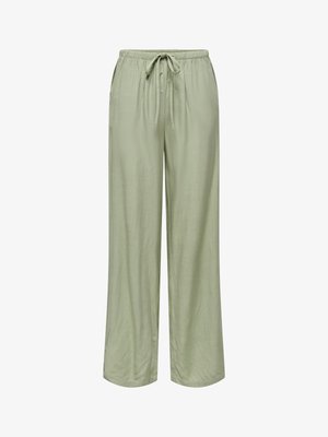 Lichtgroene broek met wijde pijpen, elastische tailleband en koordje aan de voorkant, gemaakt van zachte, licht gestructureerde stof.