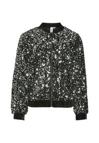 Veste bomber noire en velours doux, ornée de nombreuses paillettes réfléchissantes, avec fermeture éclair sur le devant et poignets et ourlet côtelés.