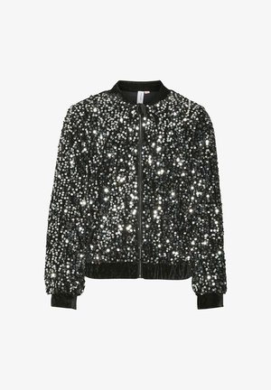 Veste bomber noire en velours doux, ornée de nombreuses paillettes réfléchissantes, avec fermeture éclair sur le devant et poignets et ourlet côtelés.
