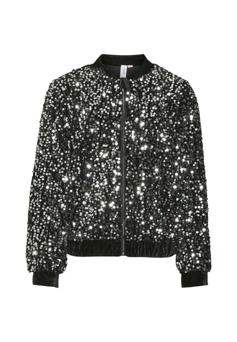 Veste bomber noire en velours doux, ornée de nombreuses paillettes réfléchissantes, avec fermeture éclair sur le devant et poignets et ourlet côtelés.