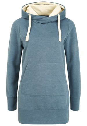 Sudadera con capucha azul hecha de una mezcla de algodón. Cuenta con un bolsillo canguro, un forro interior color crema y cordones. Puños y dobladillo acanalados.