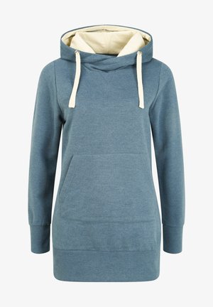 Sweatshirt à capuche bleu en mélange de coton. Il présente une poche kangourou, une doublure intérieure couleur crème et des cordons de serrage. Manches et bas côtelés.