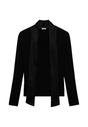 Schwarzer Cardigan mit langen Ärmeln, Satinrevers, strukturiertem Stoff und einem V-Ausschnitt-Design. Schlichte, elegante Silhouette ohne Verschlüsse.