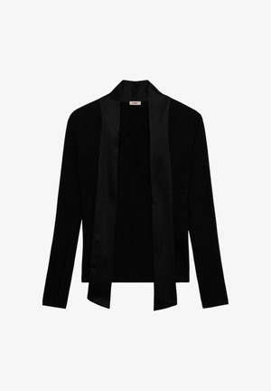Cardigan nero con maniche lunghe, colli in raso, tessuto testurizzato e design a scollo a V. Silhouette semplice ed elegante senza chiusure.