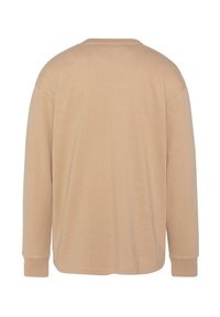 Langärmliges Oberteil in einem hellbeigen Farbton, mit rundem Halsausschnitt und lässiger Passform, aus weichem Stoff mit glatter Textur gefertigt.