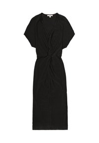 Vestido negro hecho de una tela texturizada, con un escote en V profundo, mangas cortas tipo dolmán y un detalle frontal retorcido, alcanzando la altura de la pantorrilla.