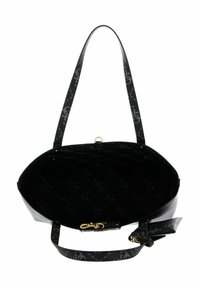 Czarna torebka na ramię ze złotymi metalowymi elementami, gładką skórzaną powierzchnią zewnętrzną oraz wzorzystym materiałowym wnętrzem z logo marki. Dołączony jest jeden pasek.