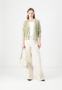 Lichtgroene gebreide cardigan met geribbelde textuur en knopen, gedragen over een witte blouse. Gecombineerd met beige wijde broek en een kleine crèmekleurige tas.