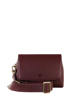 Borsa a tracolla in pelle bordeaux con chiusura a patta, hardware dorato e tracolla regolabile. Texture liscia con un sottile dettaglio del logo.