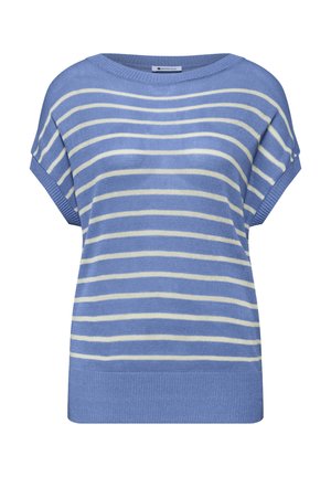 Blue short-sleeve knit sweater with horizontal white stripes and a ribbed hem, designed for casual wear.