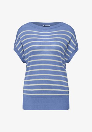 Jersey de punto azul de manga corta con rayas blancas horizontales y un dobladillo acanalado, diseñado para ropa casual.