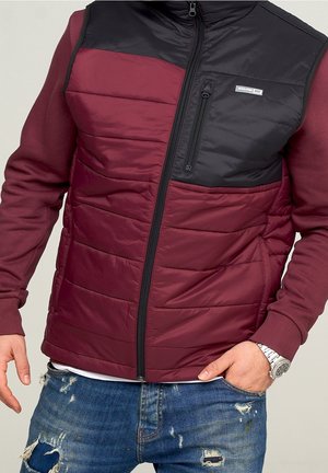 Homme portant un gilet matelassé bordeaux et noir sur une chemise bordeaux à manches longues avec un jean bleu déchiré, une main dans la poche, montre argentée visible.