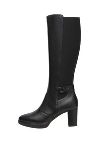 Black knee-high boots made of leather with a textured fabric panel, a square toe, high block heel, and a decorative buckle accent.