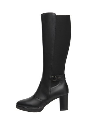 Bottes noires montantes en cuir avec un panneau en tissu texturé, un bout carré, un talon haut en bloc et une décoration en boucle.