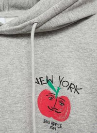 Felpa grigia con un grafiche di una mela rossa con una faccia sorridente, una foglia verde e il testo "NEW YORK BIG APPLE 1899" in nero.