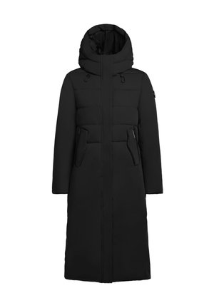 Cappotto puffer lungo nero con cappuccio, caratterizzato da sezioni trapuntate, tasche laterali con zip e una silhouette dritta. Texture del tessuto liscia.