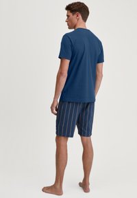Blauwe katoenen T-shirt met korte mouwen en een ronde hals, gecombineerd met marineblauwe shorts met verticale strepen en een subtiel patroon.