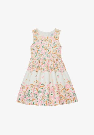Vestido blanco sin mangas con corsé ajustado y falda acampanada, decorado con patrones florales en rosa, naranja y verde.