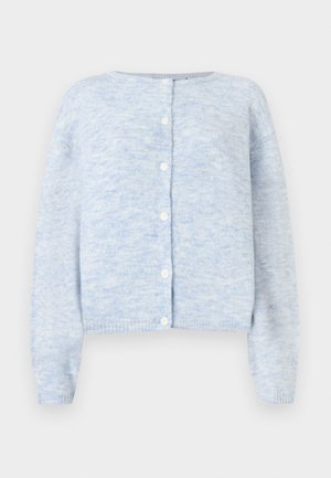 Lichtblauwe cardigan van zachte brei-stof, met een ronde halslijn, een knoopsluiting aan de voorkant en lange mouwen met geribde manchetten en zoom.