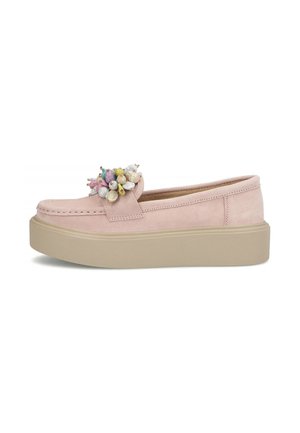 Różowe mokasyny na platformie zamszowe, z beżową podeszwą i wielokolorowym zdobieniem z koralików na przedniej górze.
